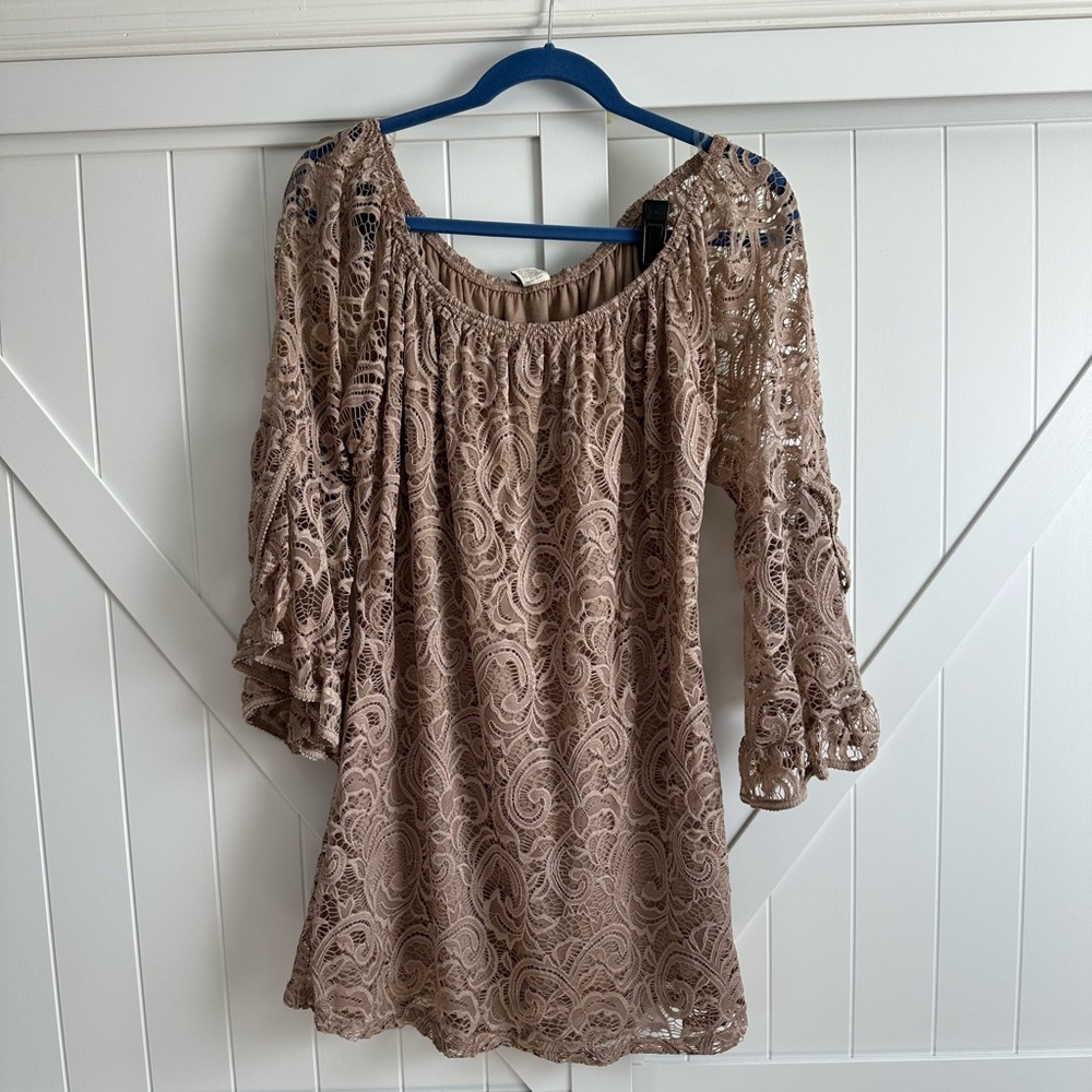 Win Win Lildy Taupe Lace Tunic Boho Sheer Bell Sleeve Blouse L/XL NWT Flowy Top